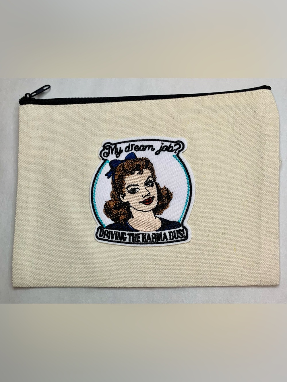 Hand Crafted Cream Canvas Cosmetic Pouch with Retro Embroidered Patch